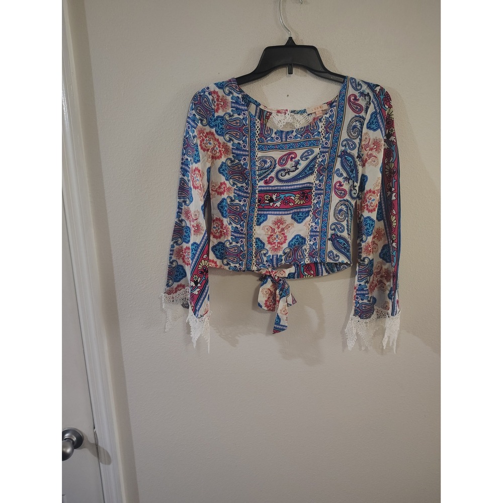 Luxmi Womens Boho Paisley Print Tie Front Crop Top Blue Pink Lace Trim Small